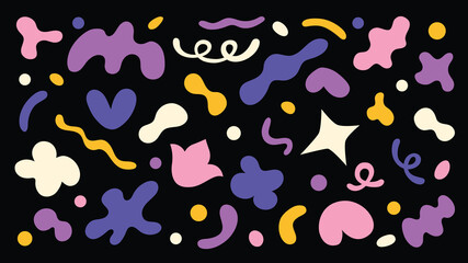 Set of abstract elements in a simple geometric style: stars, hearts, spirals, flowers, waves shapes in trendy retro 90s 00s theme. Groovy funky style, vector sticker pack 