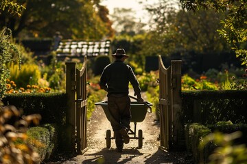 A gardener pushing a wheelbarrow through an open gate in a lush garden, illuminated by warm sunlight filtering through the trees.