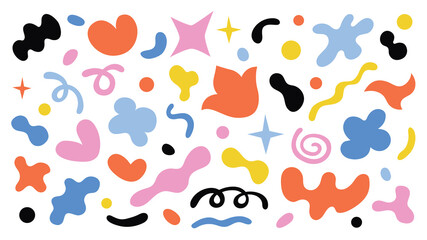 Set of abstract elements in a simple geometric style: stars, hearts, spirals, flowers, waves shapes in trendy retro 90s 00s theme. Groovy funky style, vector sticker pack 