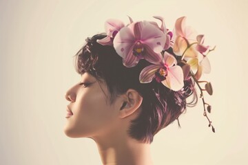 Side profile of a serene woman with short hair decorated with blooming orchids, set against a soft beige background.
