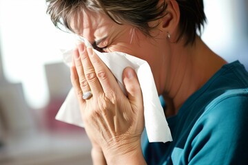 A woman with short hair is sneezing into a tissue, possibly experiencing allergy or cold symptoms.