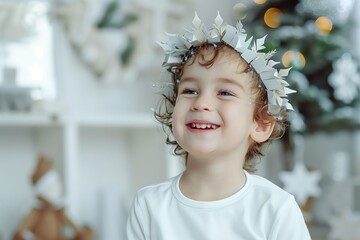 A joyful child wearing a white outfit and a decorative crown of paper-like leaves, smiling indoors with a festive background.