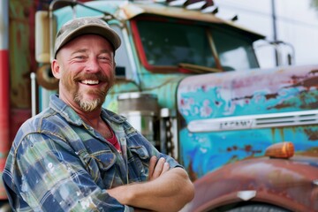 Smiling man in a plaid shirt and cap stands in front of a colorful, worn-out truck.