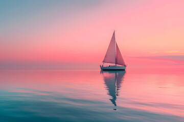 Fototapeta premium A stunning photo of a sailboat on calm waters at sunset, on a solid pink background with ample copy space