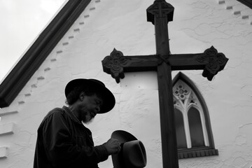 Black and white image of a man holding his hat in front of a church with a large cross.