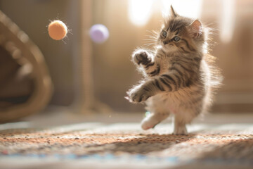 A cute kitten penton pawing at the air, trying to catch an object in midair.
