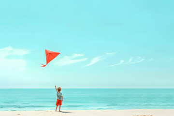 A vibrant photo of a young boy flying a kite at the beach on a solid light blue background with ample copy space