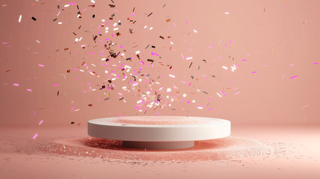 Confetti 3D ribbon podium background stage award platform product floor minimal cosmetic display scene. Ribbon 3D pedestal abstract confetti show presentation light template modern ad design premium.