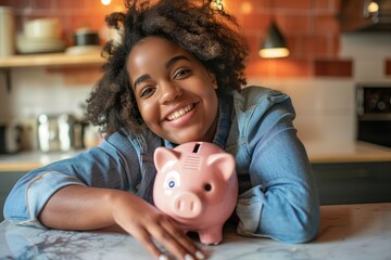 A young woman smiles joyfully while holding a piggy bank, signifying financial savings and happiness in a cozy kitchen setting.