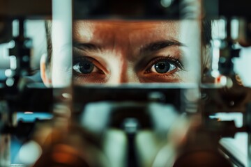Close-up of a person undergoing an eye examination through optometry equipment, highlighting their focused eyes.