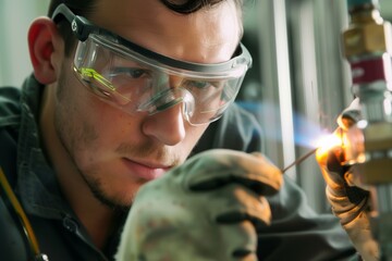 Focused technician wearing safety goggles and gloves, operating a welding torch in a workshop environment.