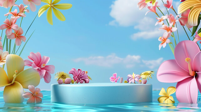 Summer podium background 3D product display beach cosmetic scene sale. Background summer podium sea stand stage beauty sky platform shop water placement theme ad template mockup travel blue banner.