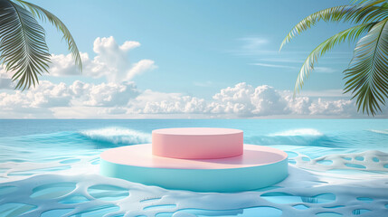Fototapeta premium Beach podium background product summer sand display stand sea cosmetic. Product summer background podium beach sky scene presentation platform nature blue pedestal beauty water mockup stone palm sun.
