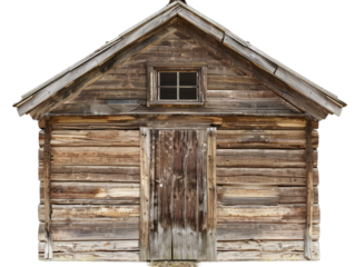 wood shack front view, isolated on white background