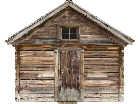 wood shack front view, isolated on white background
