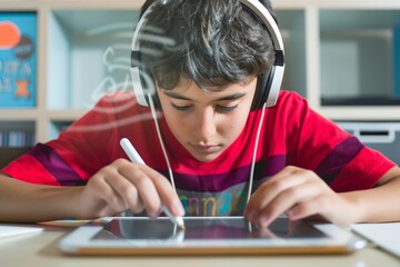 A focused child wearing headphones and working on a tablet with a stylus, engaged in digital drawing or learning in a home setting.