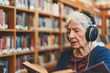 Elderly woman reading a book while wearing headphones in a library. She appears to be engaged in...