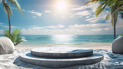  Summer podium background 3D product display beach cosmetic scene sale. Background summer podium sea stand stage beauty sky platform shop water placement theme ad template mockup travel blue banner.