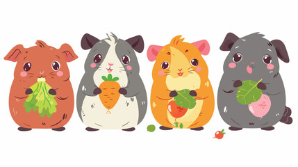 Funny guinea pig characters eating food set. Cute flu