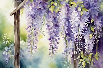 紫色や白色の藤の花が咲き誇る藤棚、甘い香り