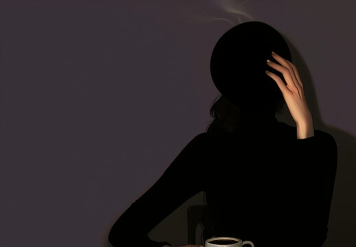 strange dark young woman, face covered. ambiguous omen. uncanny valley