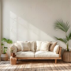 Fototapeta premium Living room mockup. Beige sofa. Wooden floor. Some plants next to it