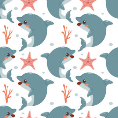 Obraz premium Seamless vector pattern with dolphins on a light background. Cute dolphin pattern for kids. Underwater inhabitants. Simple dolphin. Adorable sea creatures. Underwater nursery pattern. Nursery pattern