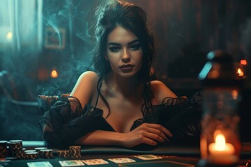 Fancy lady professional poker player, win every game in club over mist dark background