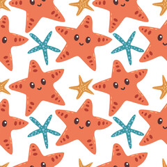 Starfish coral color sea star vector seamless pattern. Caribbean underwater animal. Starfish echinoderms invertebrate wildlife creature. Aquatic animal. Cute character cartoon flat style.