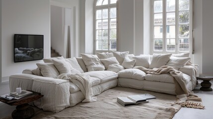 a Scandinavian living room adorned with a large grey sofa adorned with numerous pillows, complemented by white window curtains and grey walls, with a casually draped linen blanket on the floor