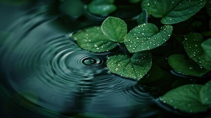 Leaf of a plant touches the water and forms round branches, dark green background
