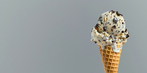 cookies and cream ice cream with waffle cone isolated on a gray background, copy space