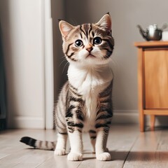 Obraz premium A white cat with fluffy fur gazes curiously at something off-screen