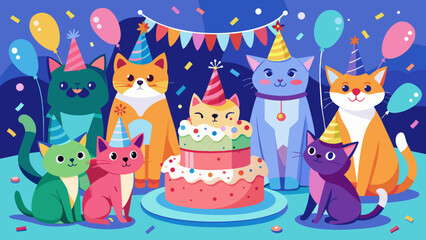 Naklejka premium Vibrant Cartoon Cats Celebrating a Birthday Party with Cake and Balloons