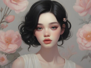 Obraz premium Pastel Black Hair Girl Portrait Art