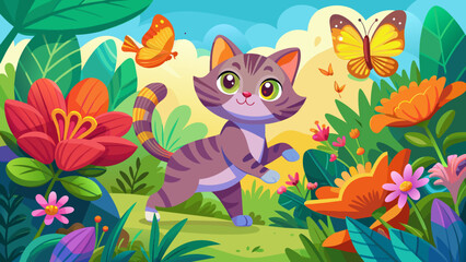 Whimsical Cartoon Cat in Colorful Flower Garden with Butterflies