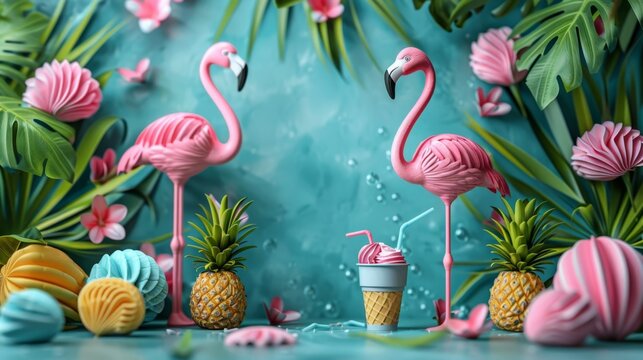 tropical vacation concept banner with trendy summer clipart featuring a flamingo float, pineapple, and ice cream cone design