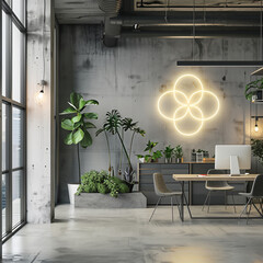Modern loft style living room interior. Green plants. Neon sign on concrete wall.
