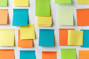 Colorful sticky notes paper on white wall.