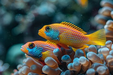 Fototapeta premium Wrasse fish cleaning parasites off larger marine creatures, showcasing symbiosis. 