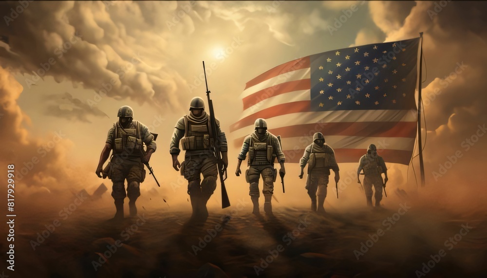 Wall mural American army soldiers with USA flag in the background. 3D illustration. - Wall murals