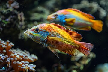 Obraz premium Wrasse fish cleaning parasites off larger marine creatures, showcasing symbiosis. 