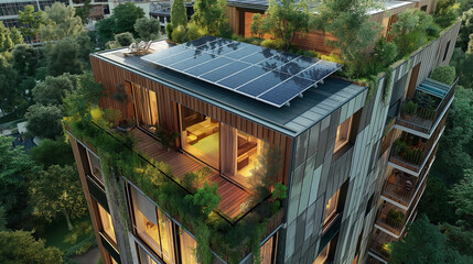 Modern eco friendly passive house with solar panels on rooftop. Home solar panel. Solar panels on roof of modern apartment building in city