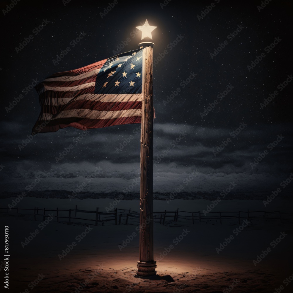 Canvas Prints American flag on wooden pole in dark desert with moonlight and stars