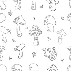 Seamless pattern with mushrooms. Hand drawn editable food drawings abstract repeating background. Forest autumn plant. Outline vector illustration isolated on white 