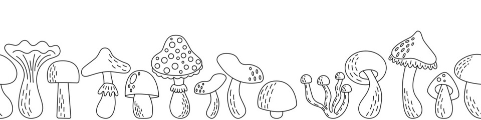 Mushrooms horizontal seamless banner.  Hand drawn editable food drawings repeating pattern for coloring book. Forest autumn plant. Outline vector illustration isolated on white background