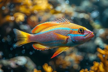Obraz premium Wrasse fish cleaning parasites off larger marine creatures, showcasing symbiosis. 