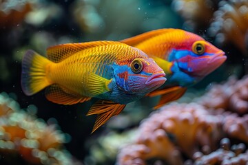 Fototapeta premium Wrasse fish cleaning parasites off larger marine creatures, showcasing symbiosis. 