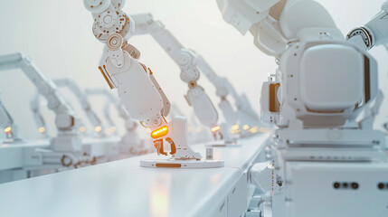 Abstract 3D futuristic innovation white robot arm production in factory.