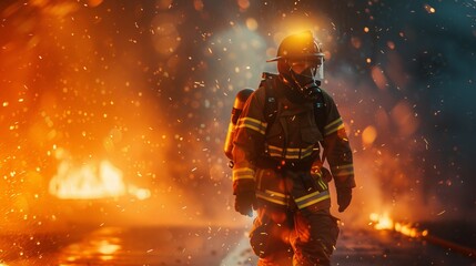 Fototapeta premium Firefighter Responding to a Fire: A firefighter races to the scene of a fire, sirens blaring and lights flashing, ready to combat the flames and ensure the safety of those in danger 